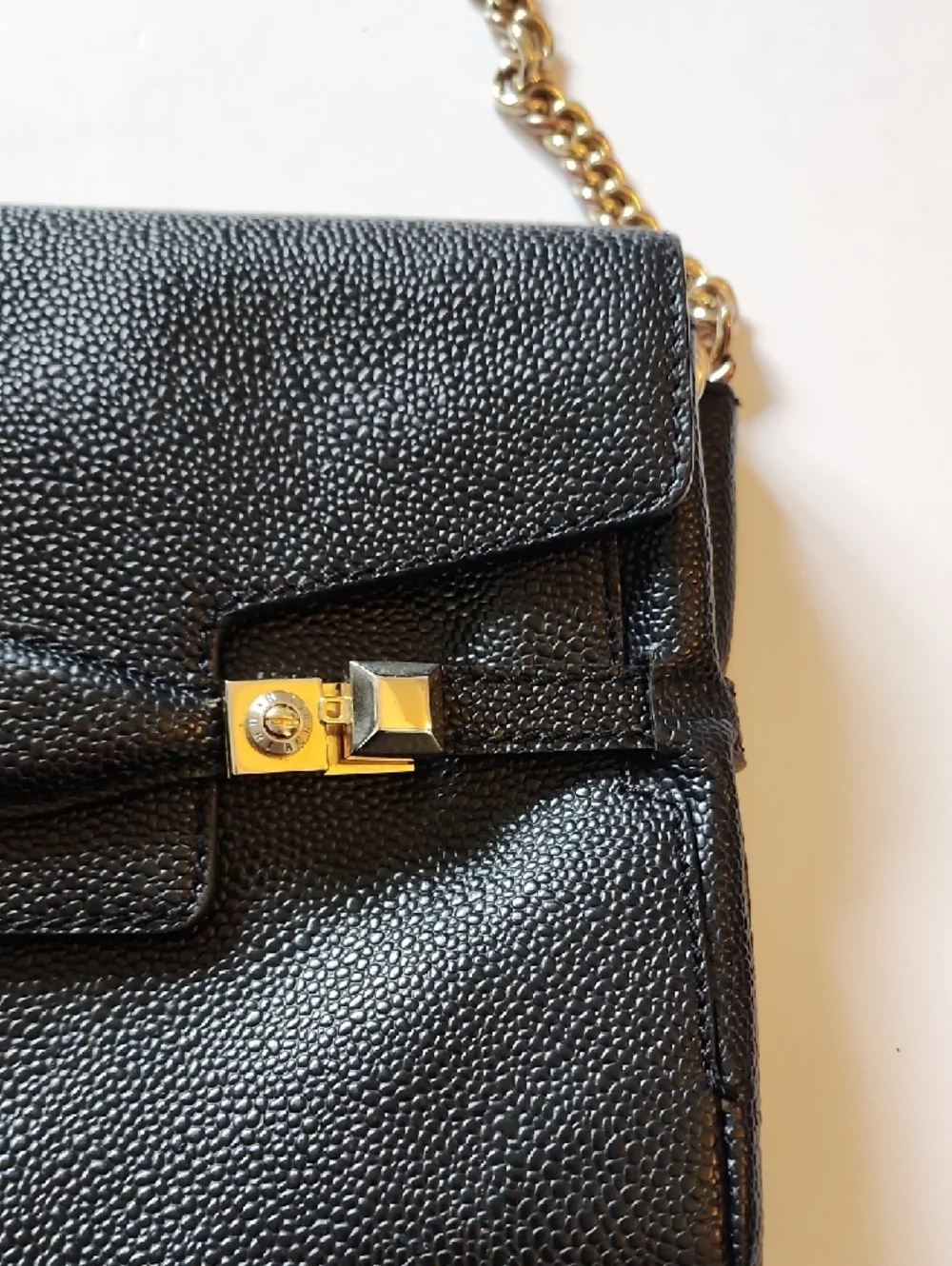 henri bendel Black Pebbled Leather Shoulder Bag with Gold Chain Strap. - Picture 6 of 13